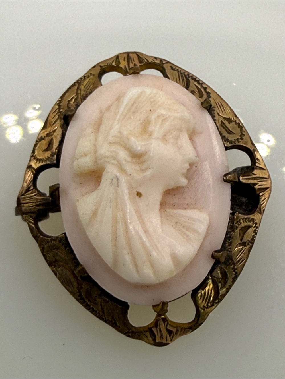 Vintage untested Pink Cameo Brooch pin open work frame rehab piece